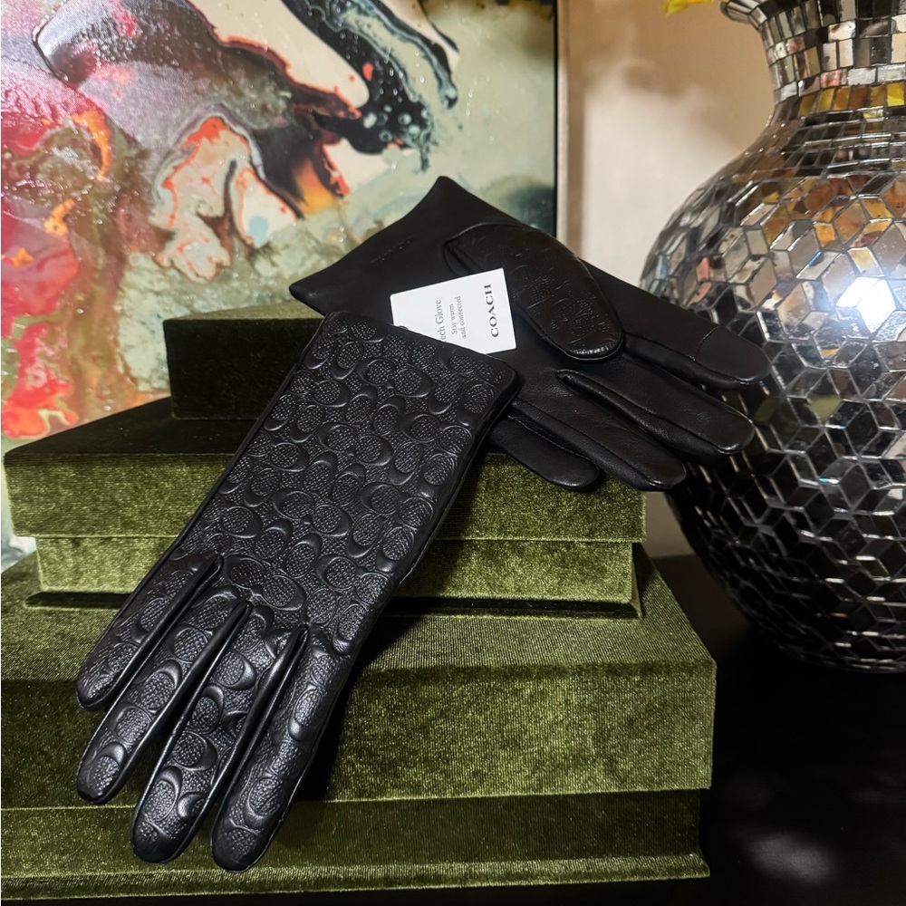 Coach Embossed Black Leather Gloves